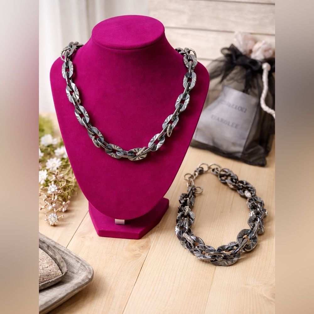 Sabika Silver Gunmetal Necklace Bracelet Set Chunky Chain Statement Jewelry